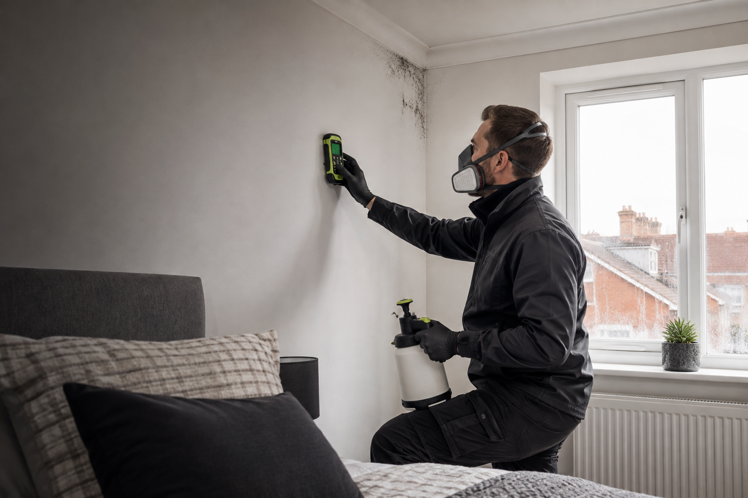 A mould-remediation specialist checking moisture levels in a bedroom wall